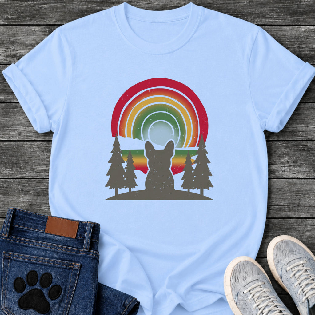French Bulldog silhouette sitting in front of a retro rainbow sunset with pine trees and mountains, outdoor nature dog graphic tee