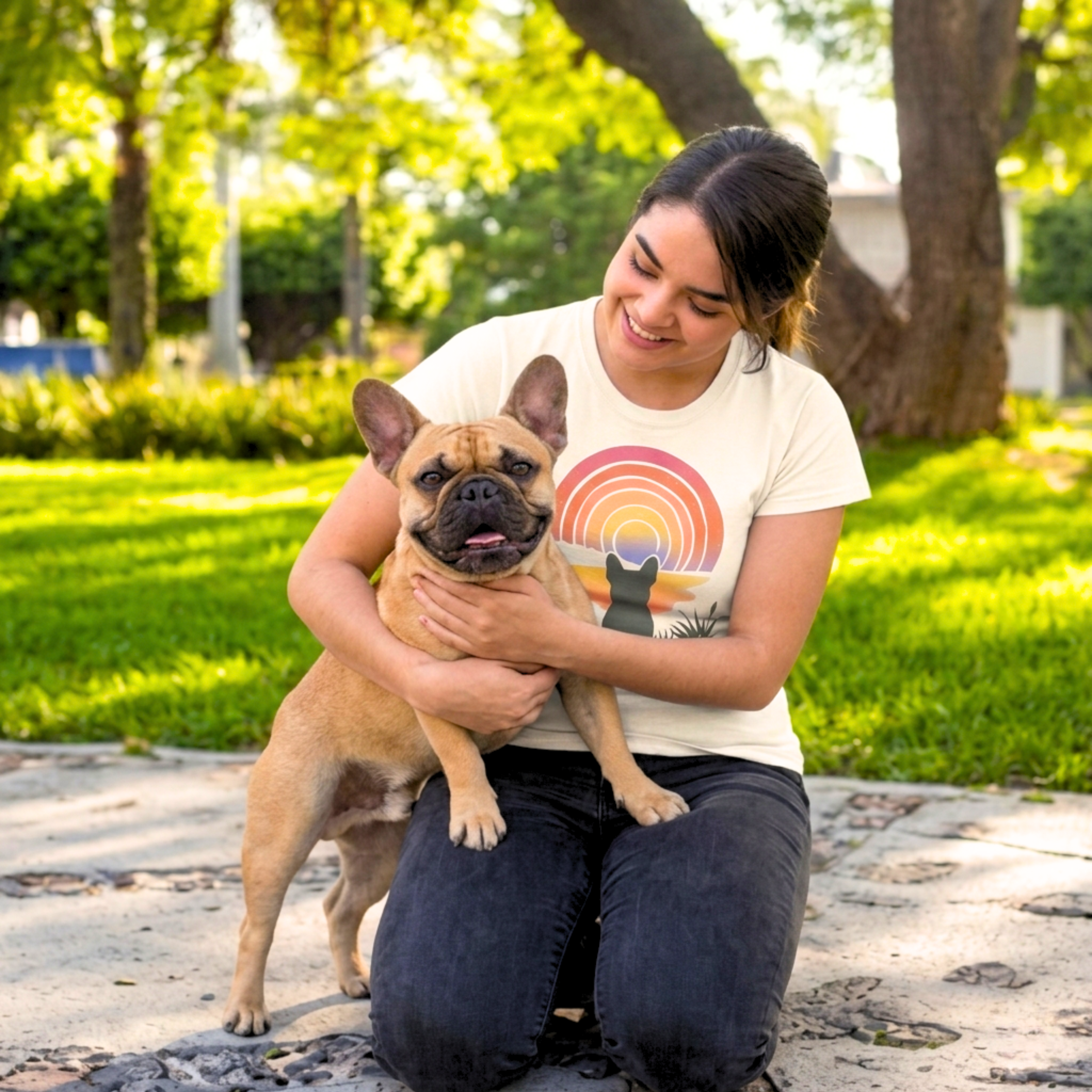 Woman smiling holding a French Bulldog wearing a Pawz Up Printz 
retro sunset Frenchie t-shirt outdoors