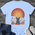 French Bulldog silhouette in an autumn pumpkin patch scene with a retro sunset arc, dog fall graphic tee design