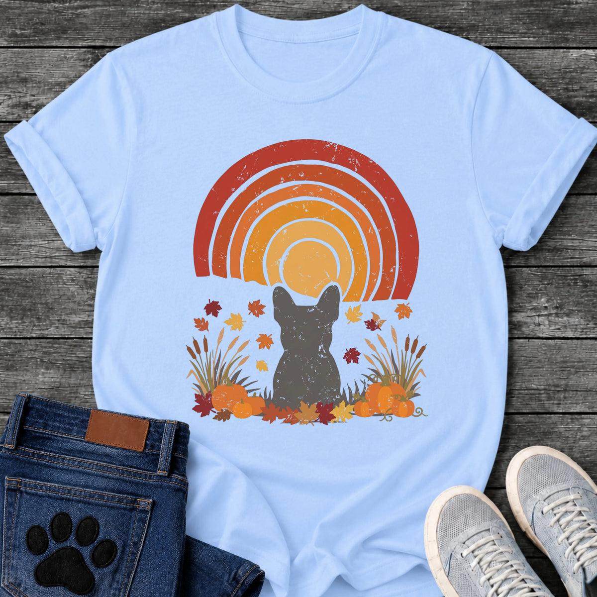 French Bulldog silhouette in an autumn pumpkin patch scene with a retro sunset arc, dog fall graphic tee design