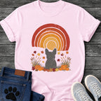 French Bulldog silhouette in an autumn pumpkin patch scene with a retro sunset arc, dog fall graphic tee design