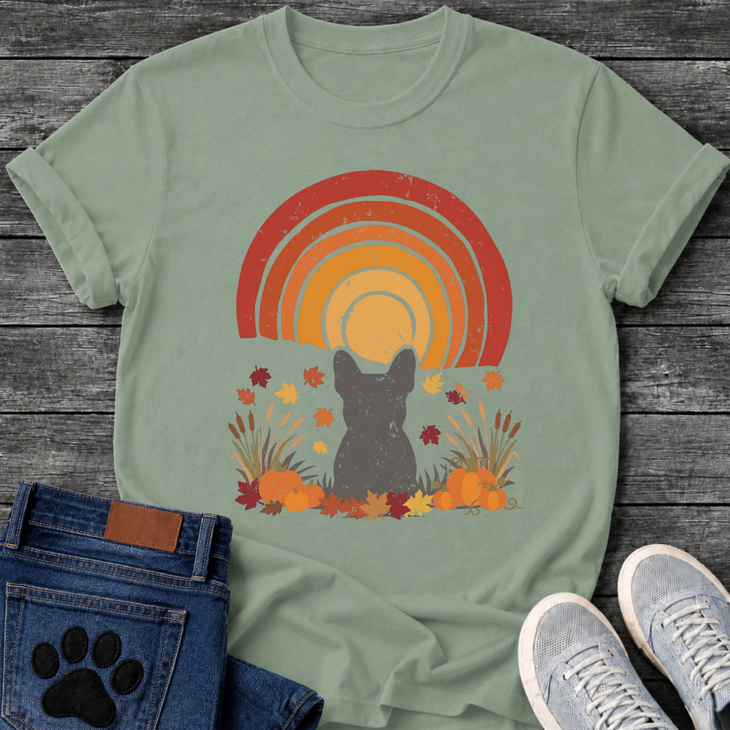 French Bulldog silhouette in an autumn pumpkin patch scene with a retro sunset arc, dog fall graphic tee design