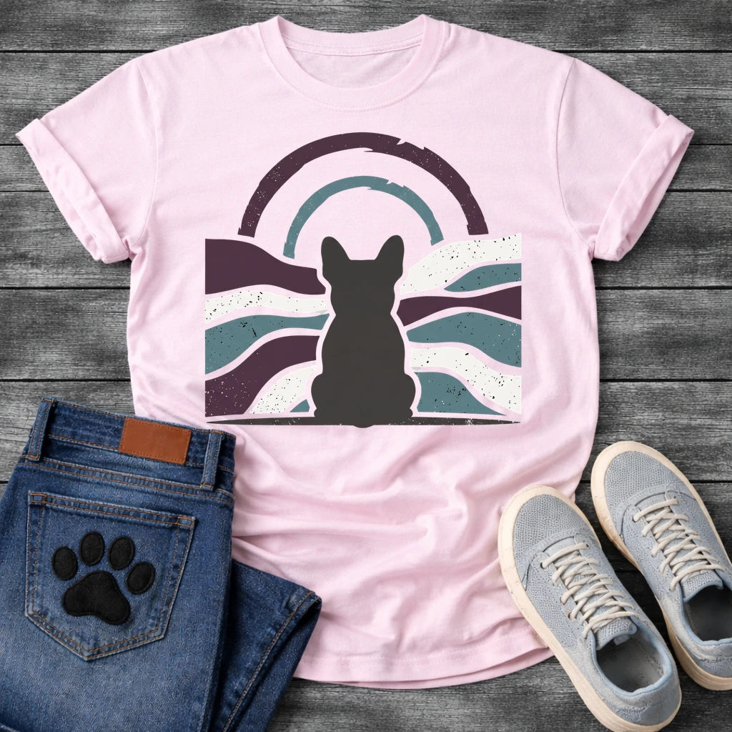 French Bulldog t-shirt with Frenchie silhouette seen from behind centered in a distressed wavy landscape of deep plum teal and cream, double concentric arch with arrow detail above, heavy vintage texture throughout, no text moody art graphic