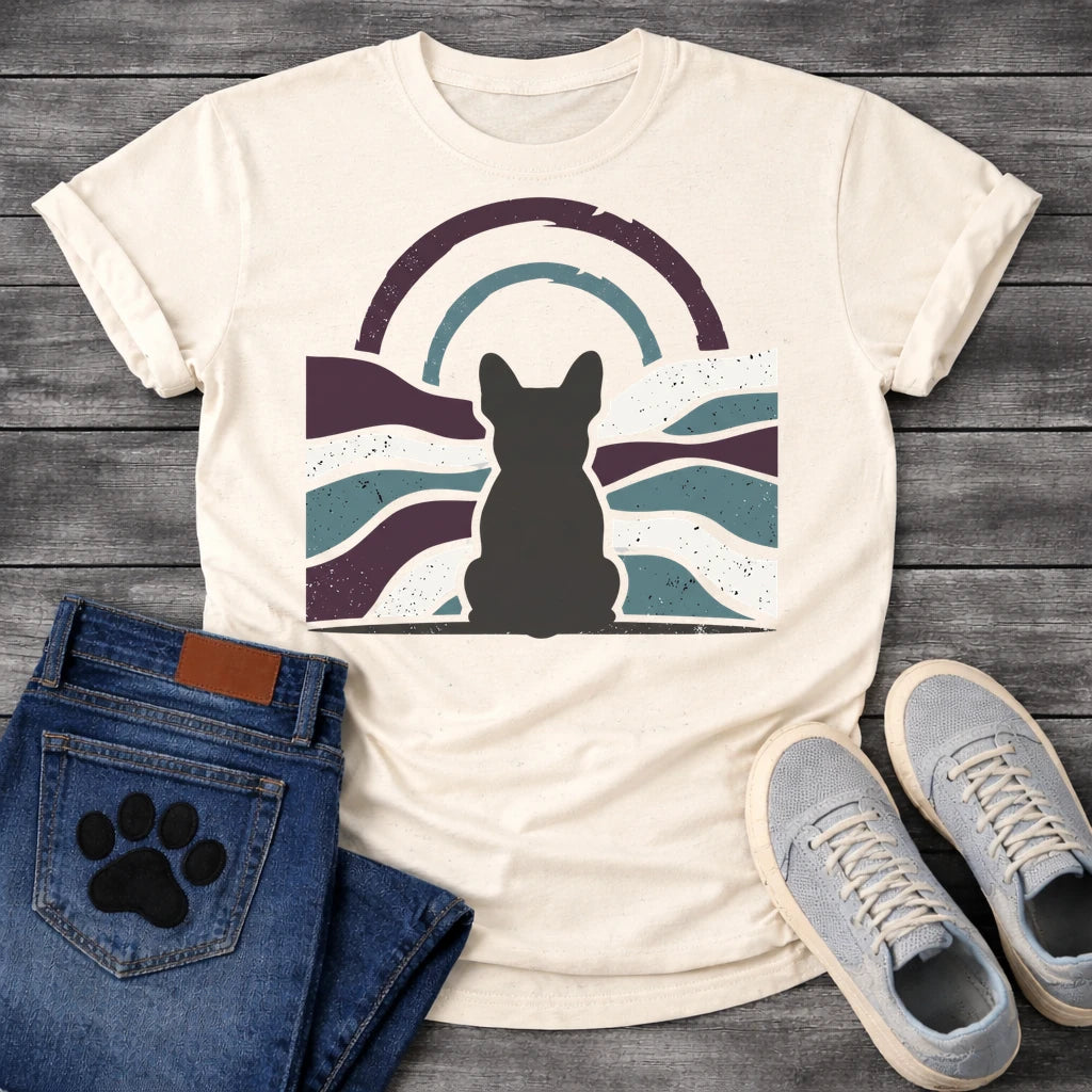 French Bulldog t-shirt with Frenchie silhouette seen from behind centered in a distressed wavy landscape of deep plum teal and cream, double concentric arch with arrow detail above, heavy vintage texture throughout, no text moody art graphic