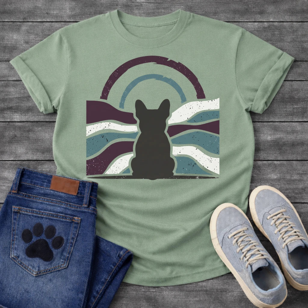 French Bulldog t-shirt with Frenchie silhouette seen from behind centered in a distressed wavy landscape of deep plum teal and cream, double concentric arch with arrow detail above, heavy vintage texture throughout, no text moody art graphic