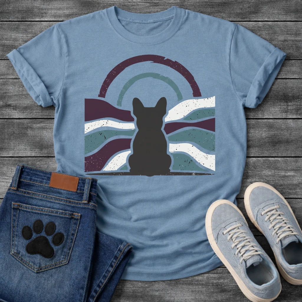 French Bulldog t-shirt with Frenchie silhouette seen from behind centered in a distressed wavy landscape of deep plum teal and cream, double concentric arch with arrow detail above, heavy vintage texture throughout, no text moody art graphic