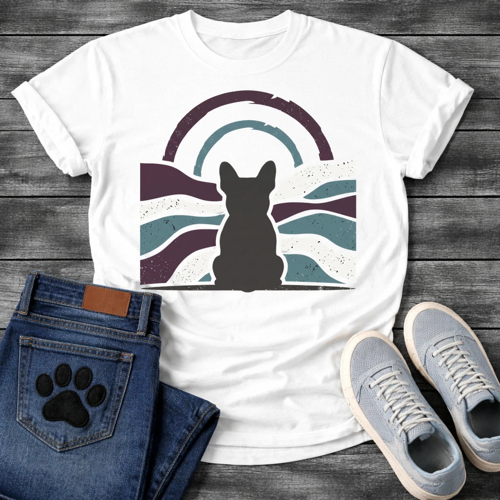 French Bulldog t-shirt with Frenchie silhouette seen from behind centered in a distressed wavy landscape of deep plum teal and cream, double concentric arch with arrow detail above, heavy vintage texture throughout, no text moody art graphic