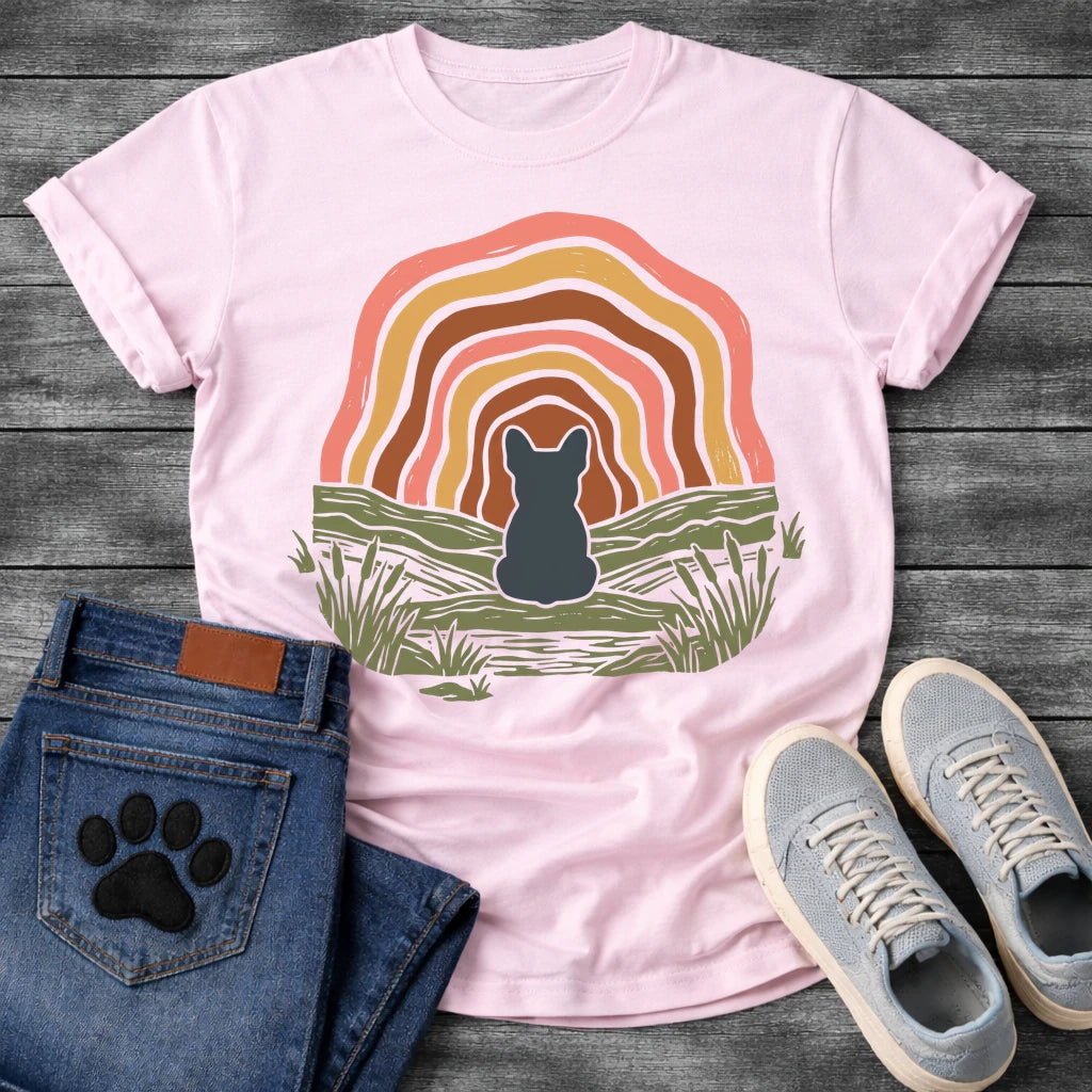 French Bulldog t-shirt with Frenchie silhouette seen from behind sitting on a textured grassy bank, layered concentric organic arch in blush pink gold and warm brown framing the scene, reed and grass detail, no text boho art graphic