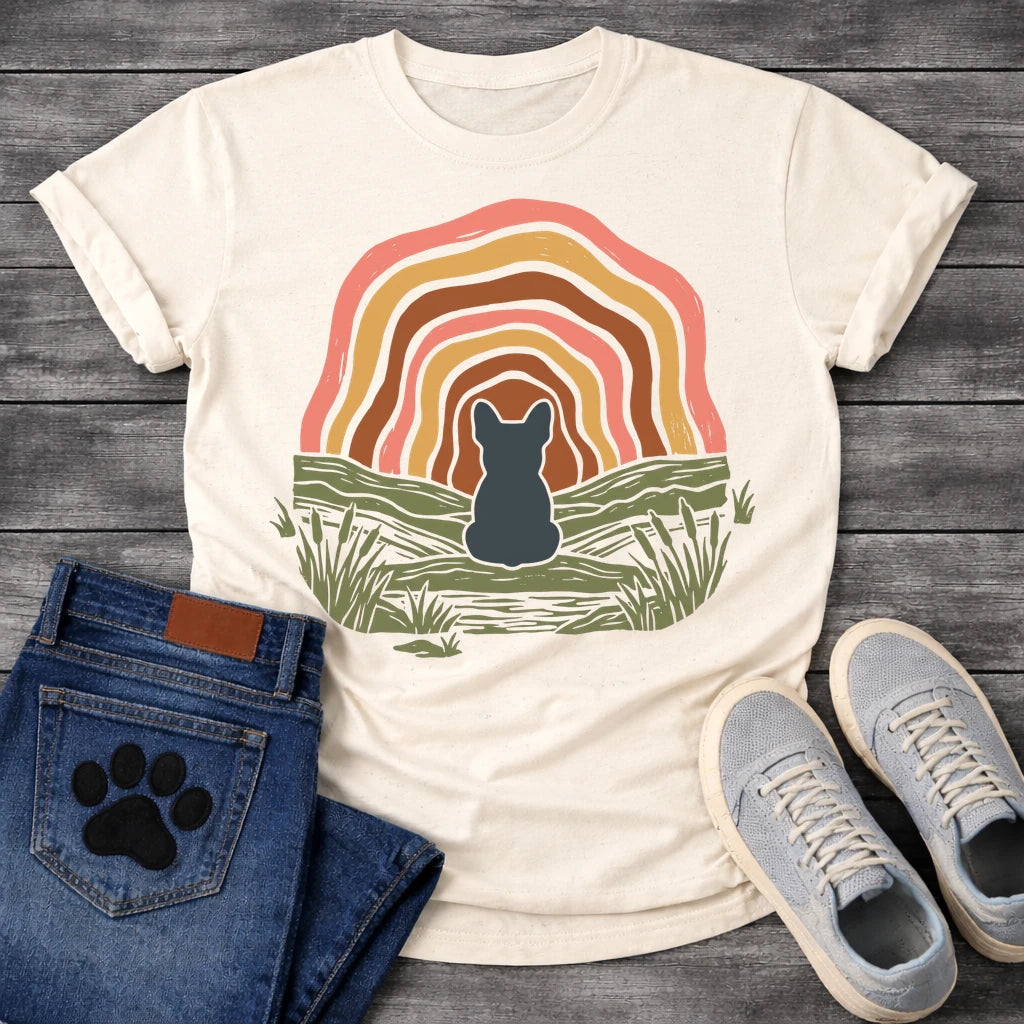 French Bulldog t-shirt with Frenchie silhouette seen from behind sitting on a textured grassy bank, layered concentric organic arch in blush pink gold and warm brown framing the scene, reed and grass detail, no text boho art graphic