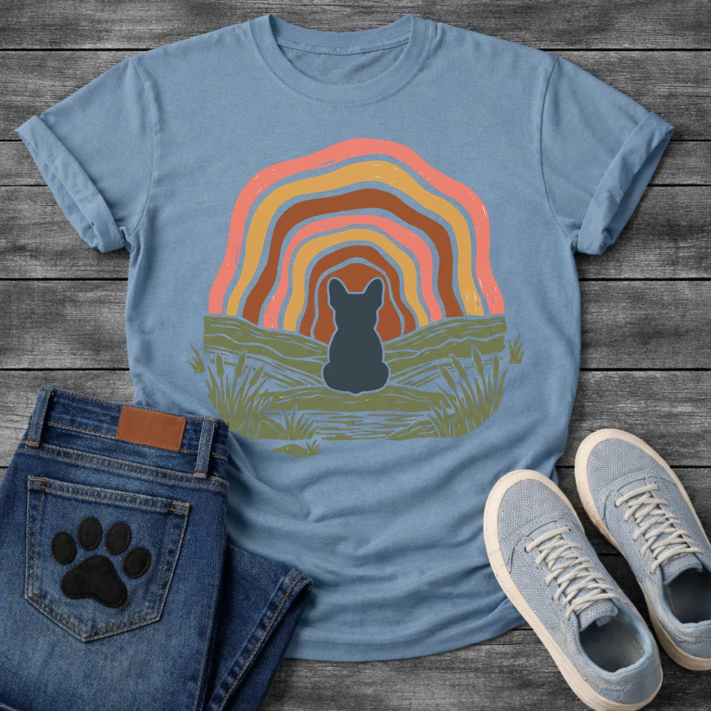 French Bulldog t-shirt with Frenchie silhouette seen from behind sitting on a textured grassy bank, layered concentric organic arch in blush pink gold and warm brown framing the scene, reed and grass detail, no text boho art graphic
