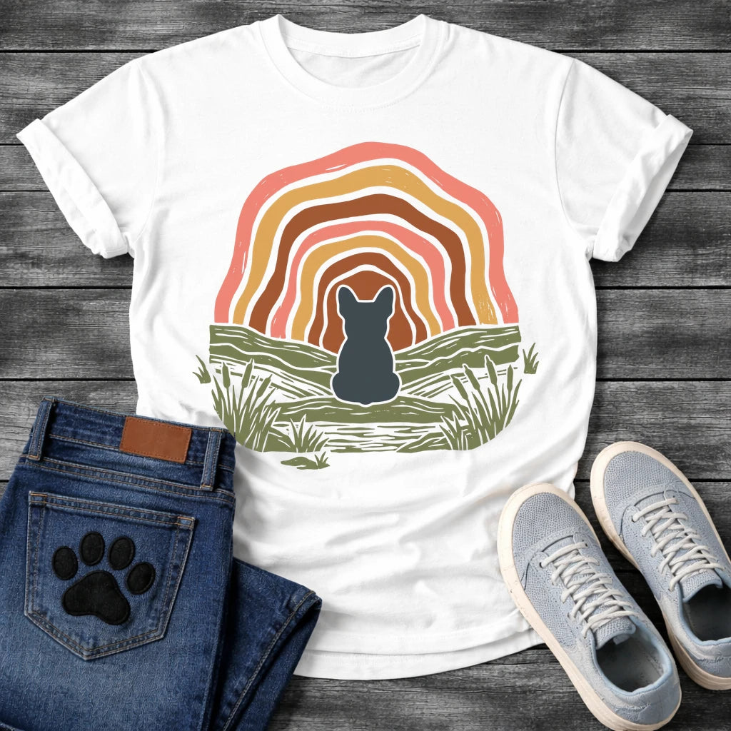 French Bulldog t-shirt with Frenchie silhouette seen from behind sitting on a textured grassy bank, layered concentric organic arch in blush pink gold and warm brown framing the scene, reed and grass detail, no text boho art graphic