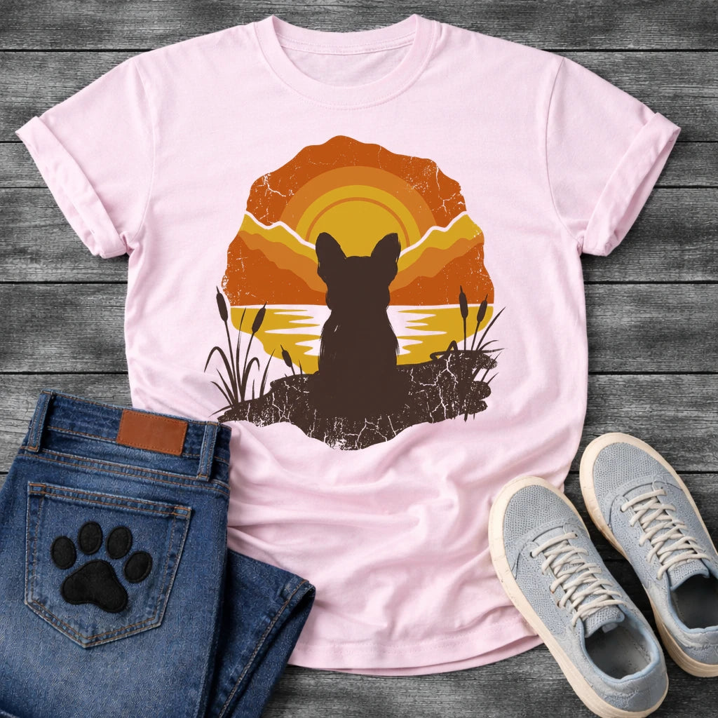 French Bulldog t-shirt with Frenchie silhouette seen from behind sitting on cracked earth beside water, cattail reeds on either side, bold concentric sun rings in deep orange and gold behind, distressed vintage texture throughout, organic blob frame, no text
