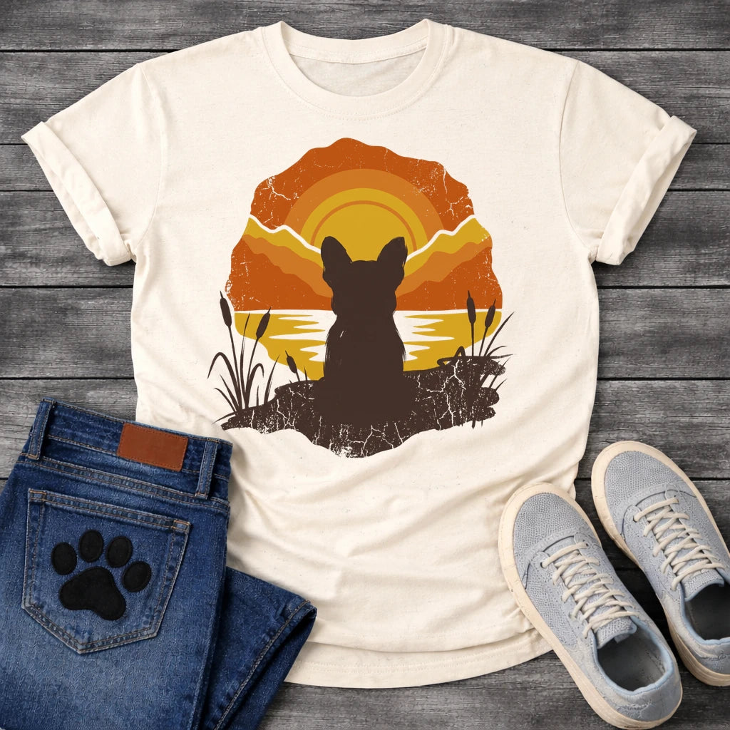 French Bulldog t-shirt with Frenchie silhouette seen from behind sitting on cracked earth beside water, cattail reeds on either side, bold concentric sun rings in deep orange and gold behind, distressed vintage texture throughout, organic blob frame, no text
