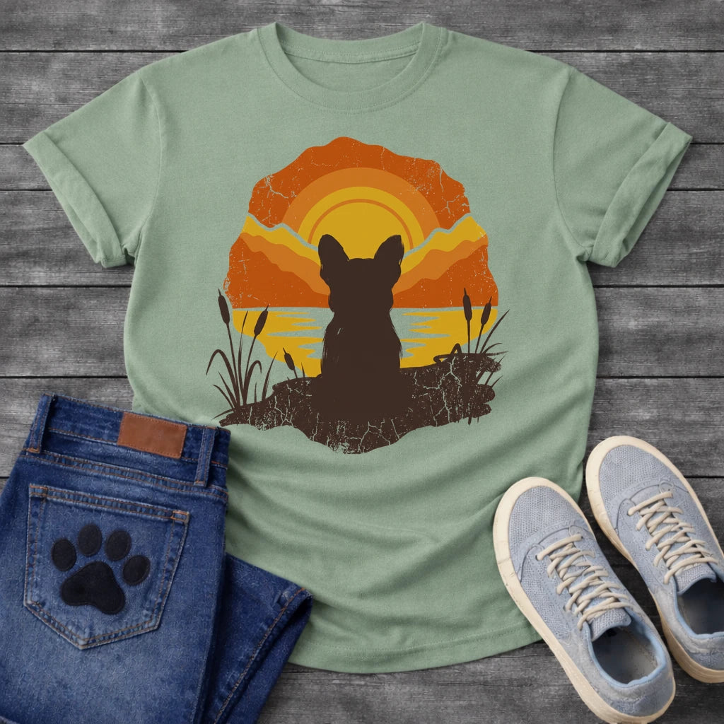 French Bulldog t-shirt with Frenchie silhouette seen from behind sitting on cracked earth beside water, cattail reeds on either side, bold concentric sun rings in deep orange and gold behind, distressed vintage texture throughout, organic blob frame, no text
