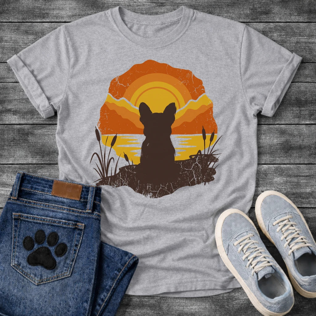 French Bulldog t-shirt with Frenchie silhouette seen from behind sitting on cracked earth beside water, cattail reeds on either side, bold concentric sun rings in deep orange and gold behind, distressed vintage texture throughout, organic blob frame, no text
