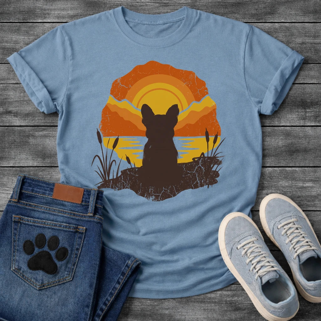  French Bulldog t-shirt with Frenchie silhouette seen from behind sitting on cracked earth beside water, cattail reeds on either side, bold concentric sun rings in deep orange and gold behind, distressed vintage texture throughout, organic blob frame, no text
