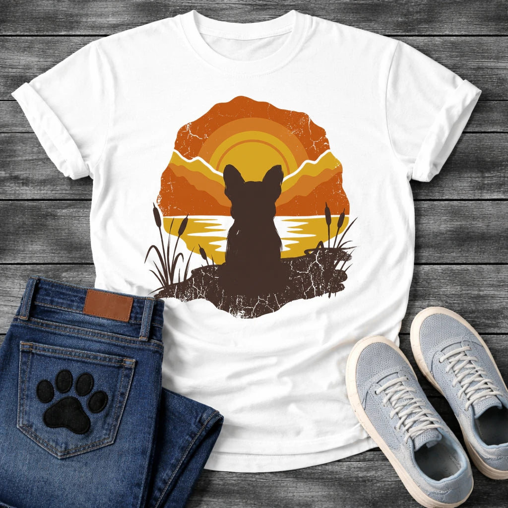 French Bulldog t-shirt with Frenchie silhouette seen from behind sitting on cracked earth beside water, cattail reeds on either side, bold concentric sun rings in deep orange and gold behind, distressed vintage texture throughout, organic blob frame, no text
