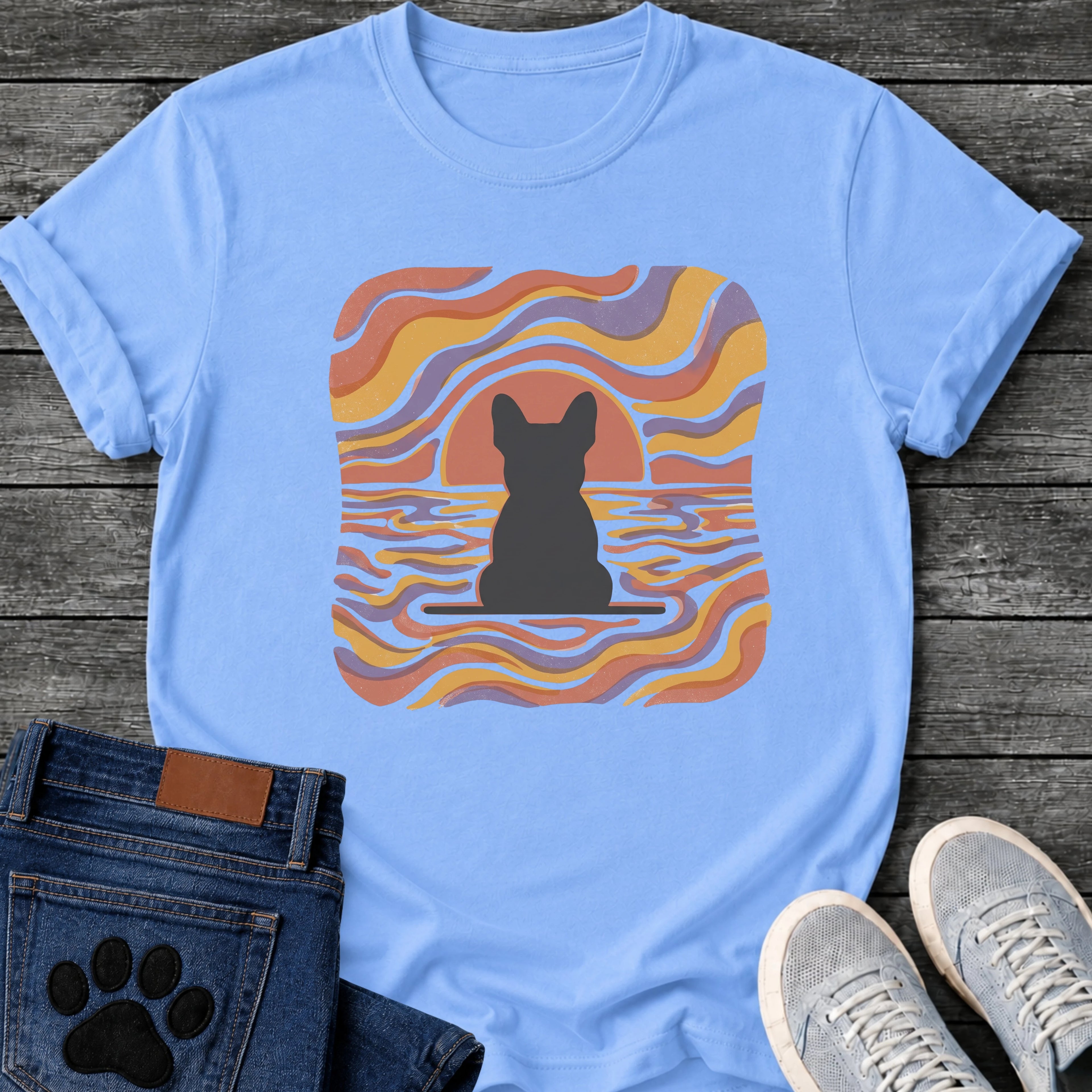 French Bulldog t-shirt with Frenchie silhouette seen from behind on a baseline inside a rounded square, swirling wavy lines filling the frame in terracotta gold and soft purple, terracotta sun arc rising behind the head, distressed texture, no text psychedelic art graphic