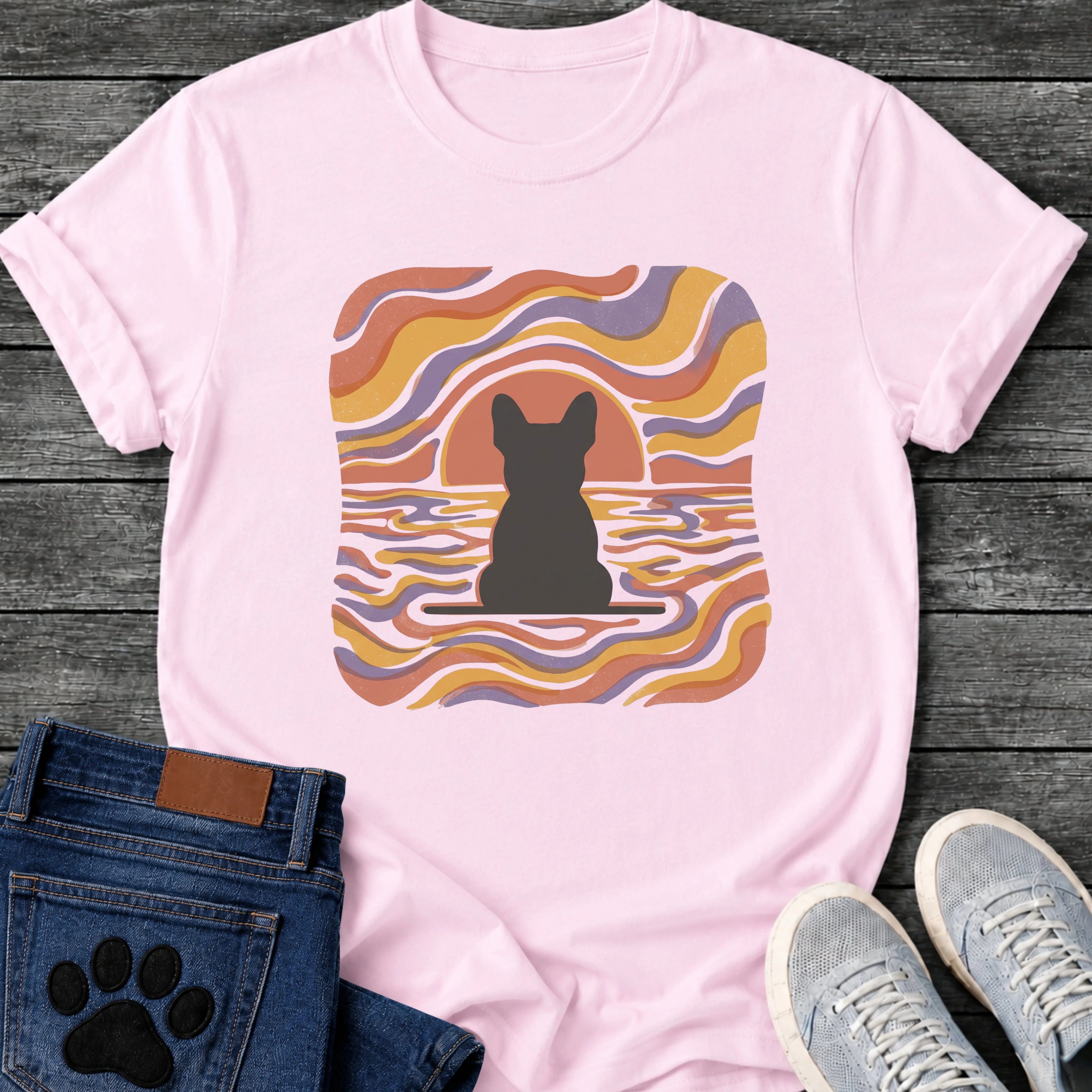 French Bulldog t-shirt with Frenchie silhouette seen from behind on a baseline inside a rounded square, swirling wavy lines filling the frame in terracotta gold and soft purple, terracotta sun arc rising behind the head, distressed texture, no text psychedelic art graphic