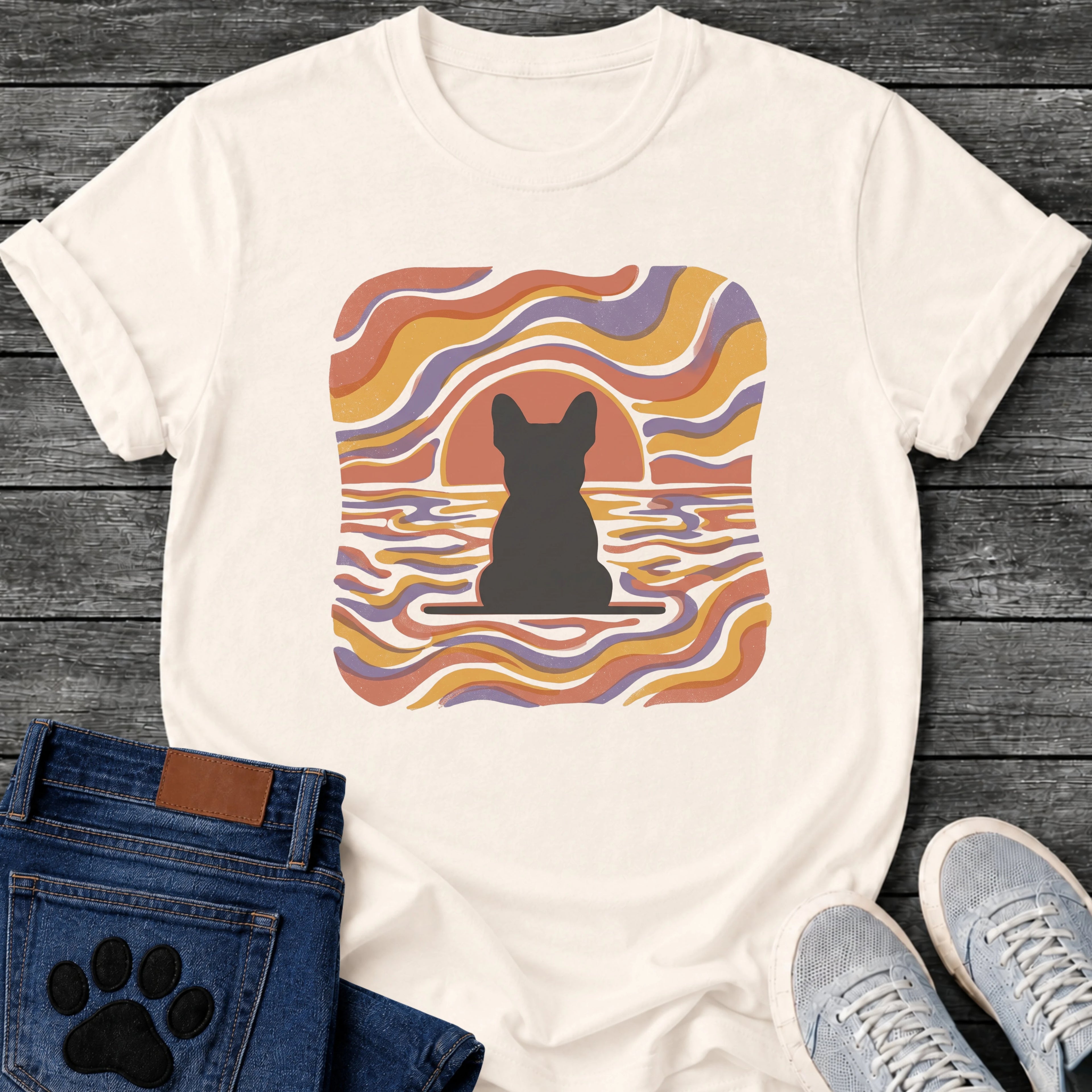 French Bulldog t-shirt with Frenchie silhouette seen from behind on a baseline inside a rounded square, swirling wavy lines filling the frame in terracotta gold and soft purple, terracotta sun arc rising behind the head, distressed texture, no text psychedelic art graphic
