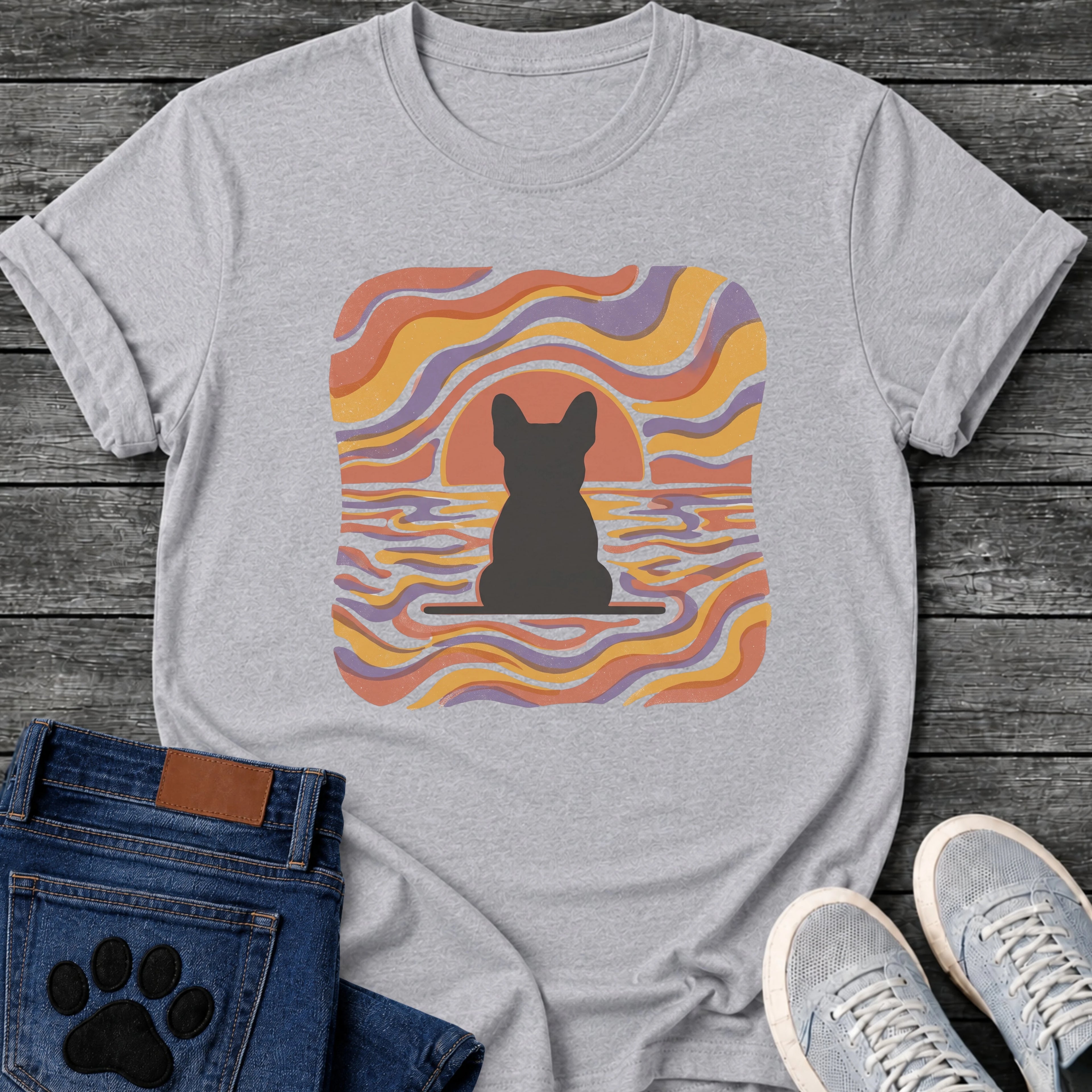 French Bulldog t-shirt with Frenchie silhouette seen from behind on a baseline inside a rounded square, swirling wavy lines filling the frame in terracotta gold and soft purple, terracotta sun arc rising behind the head, distressed texture, no text psychedelic art graphic