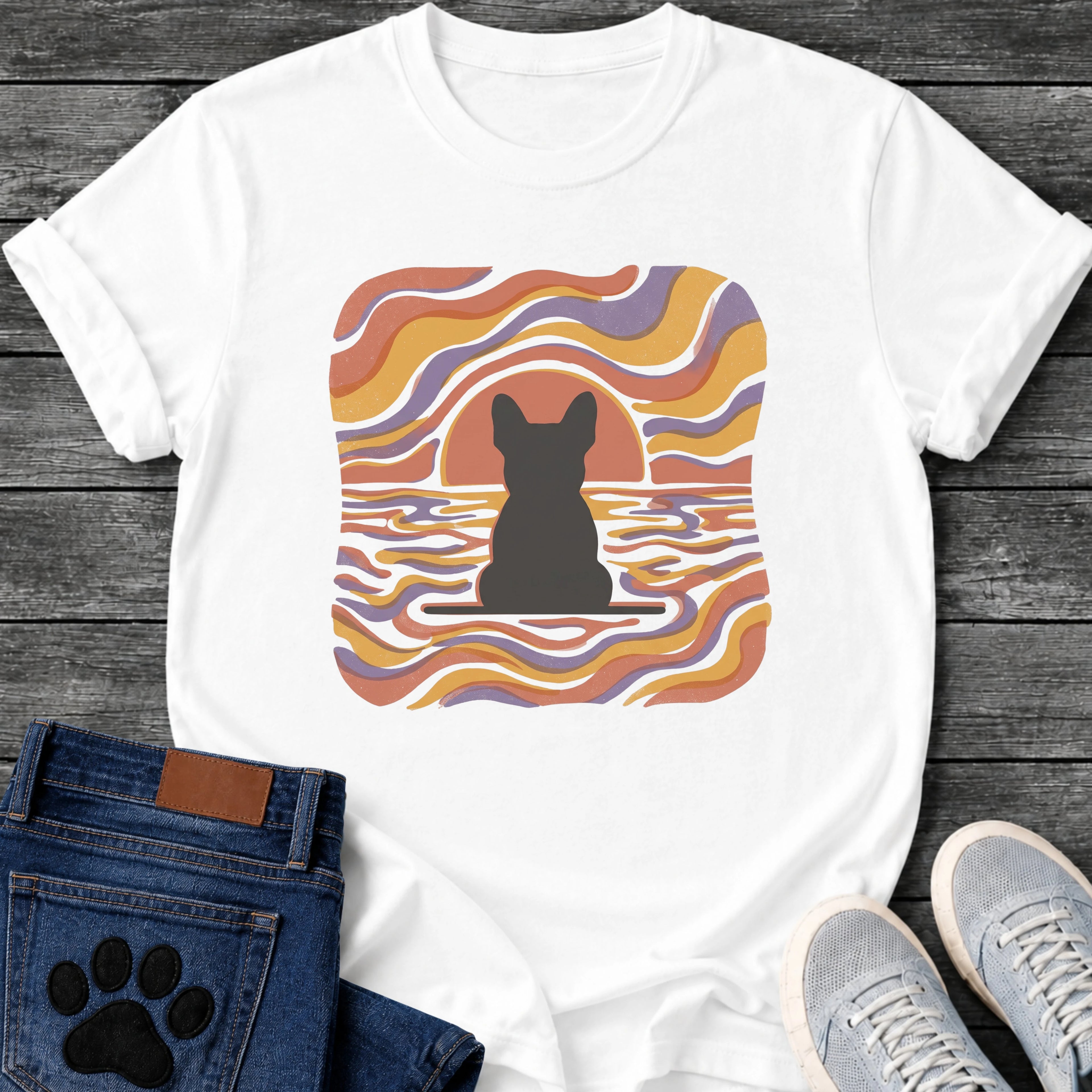 French Bulldog t-shirt with Frenchie silhouette seen from behind on a baseline inside a rounded square, swirling wavy lines filling the frame in terracotta gold and soft purple, terracotta sun arc rising behind the head, distressed texture, no text psychedelic art graphic