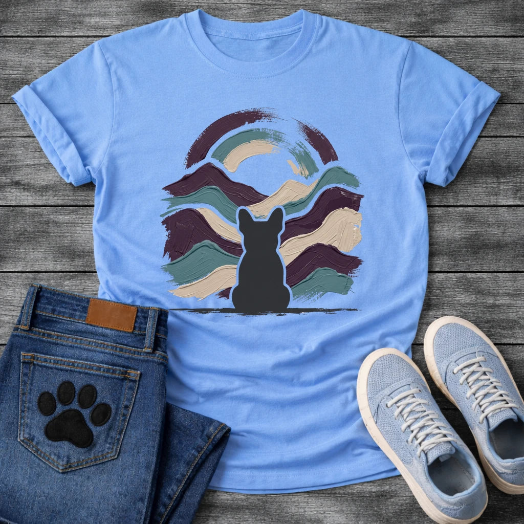 French Bulldog t-shirt with Frenchie silhouette seen from behind centered in thick impasto style brushstrokes of deep plum teal and cream sweeping outward like mountain waves, loose double arch above, no text expressive fine art graphic