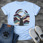 French Bulldog t-shirt with Frenchie silhouette seen from behind centered in thick impasto style brushstrokes of deep plum teal and cream sweeping outward like mountain waves, loose double arch above, no text expressive fine art graphic