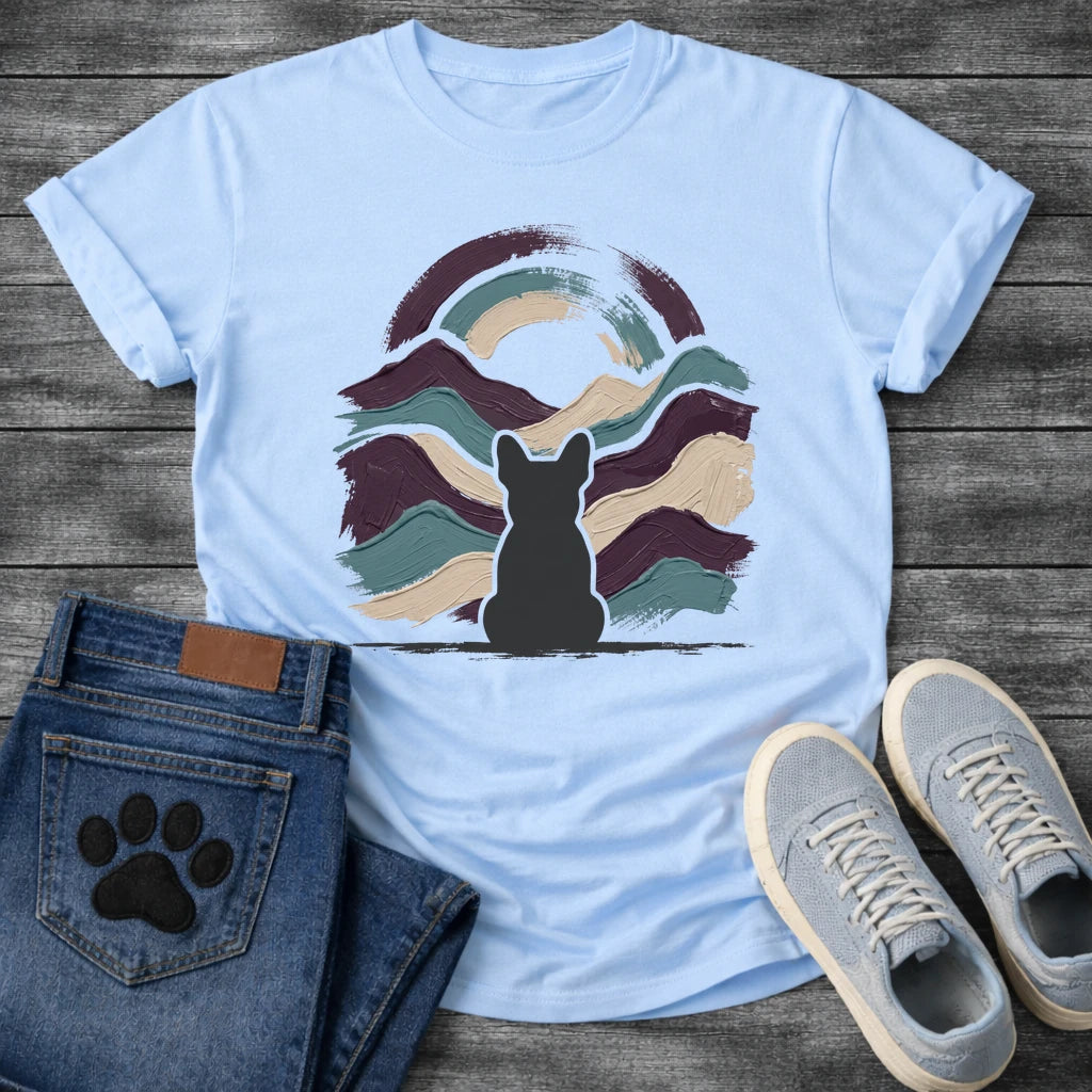 French Bulldog t-shirt with Frenchie silhouette seen from behind centered in thick impasto style brushstrokes of deep plum teal and cream sweeping outward like mountain waves, loose double arch above, no text expressive fine art graphic