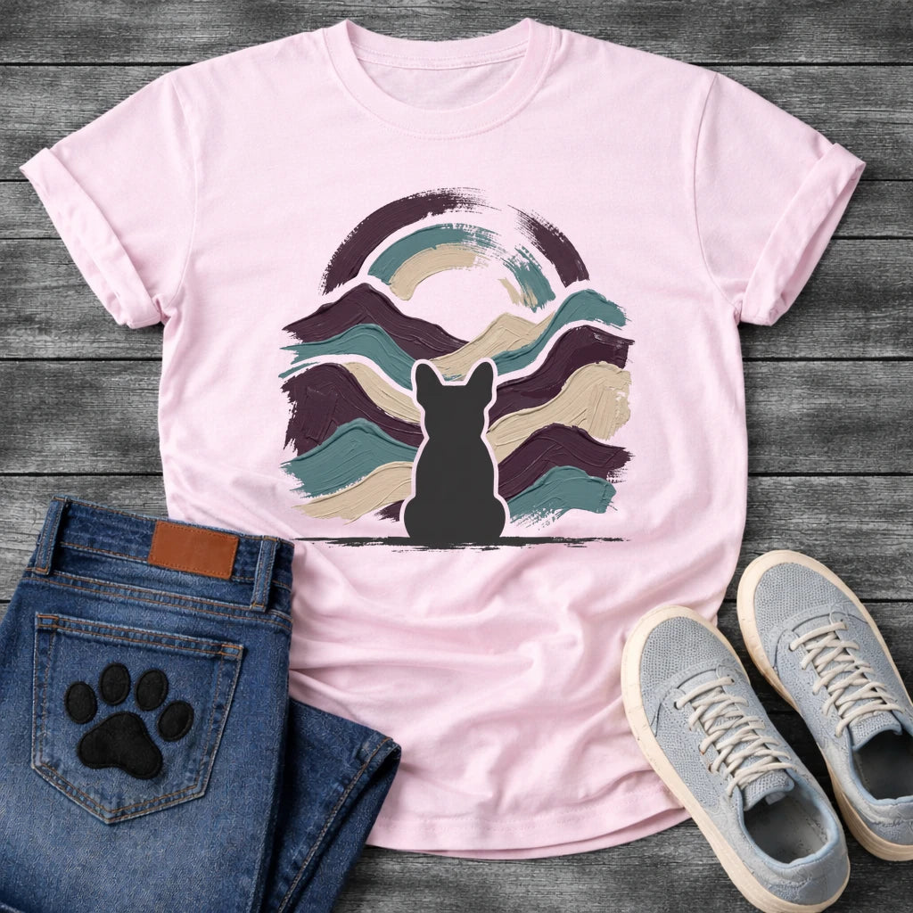 French Bulldog t-shirt with Frenchie silhouette seen from behind centered in thick impasto style brushstrokes of deep plum teal and cream sweeping outward like mountain waves, loose double arch above, no text expressive fine art graphic