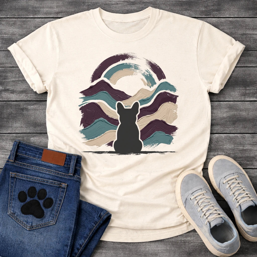 French Bulldog t-shirt with Frenchie silhouette seen from behind centered in thick impasto style brushstrokes of deep plum teal and cream sweeping outward like mountain waves, loose double arch above, no text expressive fine art graphic