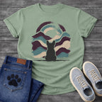 French Bulldog t-shirt with Frenchie silhouette seen from behind centered in thick impasto style brushstrokes of deep plum teal and cream sweeping outward like mountain waves, loose double arch above, no text expressive fine art graphic