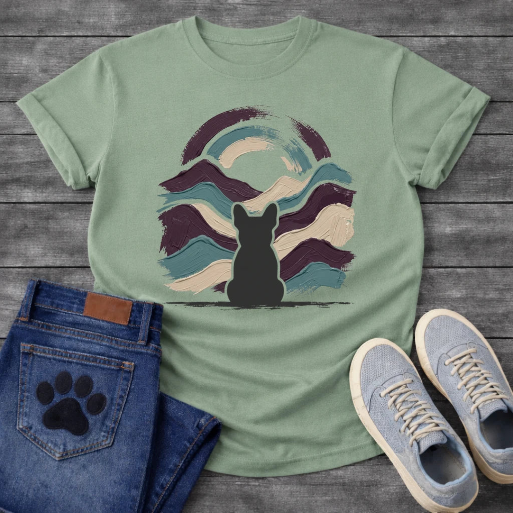 French Bulldog t-shirt with Frenchie silhouette seen from behind centered in thick impasto style brushstrokes of deep plum teal and cream sweeping outward like mountain waves, loose double arch above, no text expressive fine art graphic
