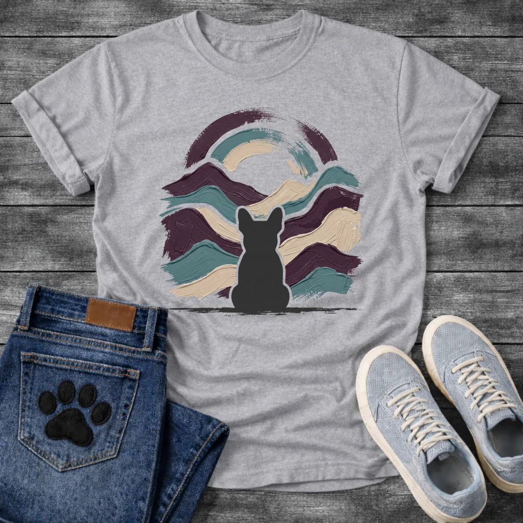 French Bulldog t-shirt with Frenchie silhouette seen from behind centered in thick impasto style brushstrokes of deep plum teal and cream sweeping outward like mountain waves, loose double arch above, no text expressive fine art graphic