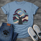 French Bulldog t-shirt with Frenchie silhouette seen from behind centered in thick impasto style brushstrokes of deep plum teal and cream sweeping outward like mountain waves, loose double arch above, no text expressive fine art graphic