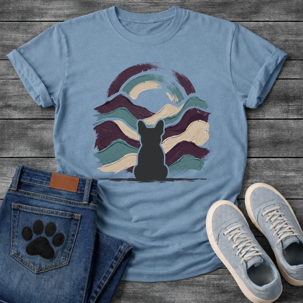French Bulldog t-shirt with Frenchie silhouette seen from behind centered in thick impasto style brushstrokes of deep plum teal and cream sweeping outward like mountain waves, loose double arch above, no text expressive fine art graphic