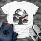 French Bulldog t-shirt with Frenchie silhouette seen from behind centered in thick impasto style brushstrokes of deep plum teal and cream sweeping outward like mountain waves, loose double arch above, no text expressive fine art graphic