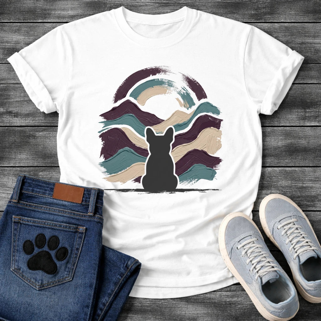 French Bulldog t-shirt with Frenchie silhouette seen from behind centered in thick impasto style brushstrokes of deep plum teal and cream sweeping outward like mountain waves, loose double arch above, no text expressive fine art graphic