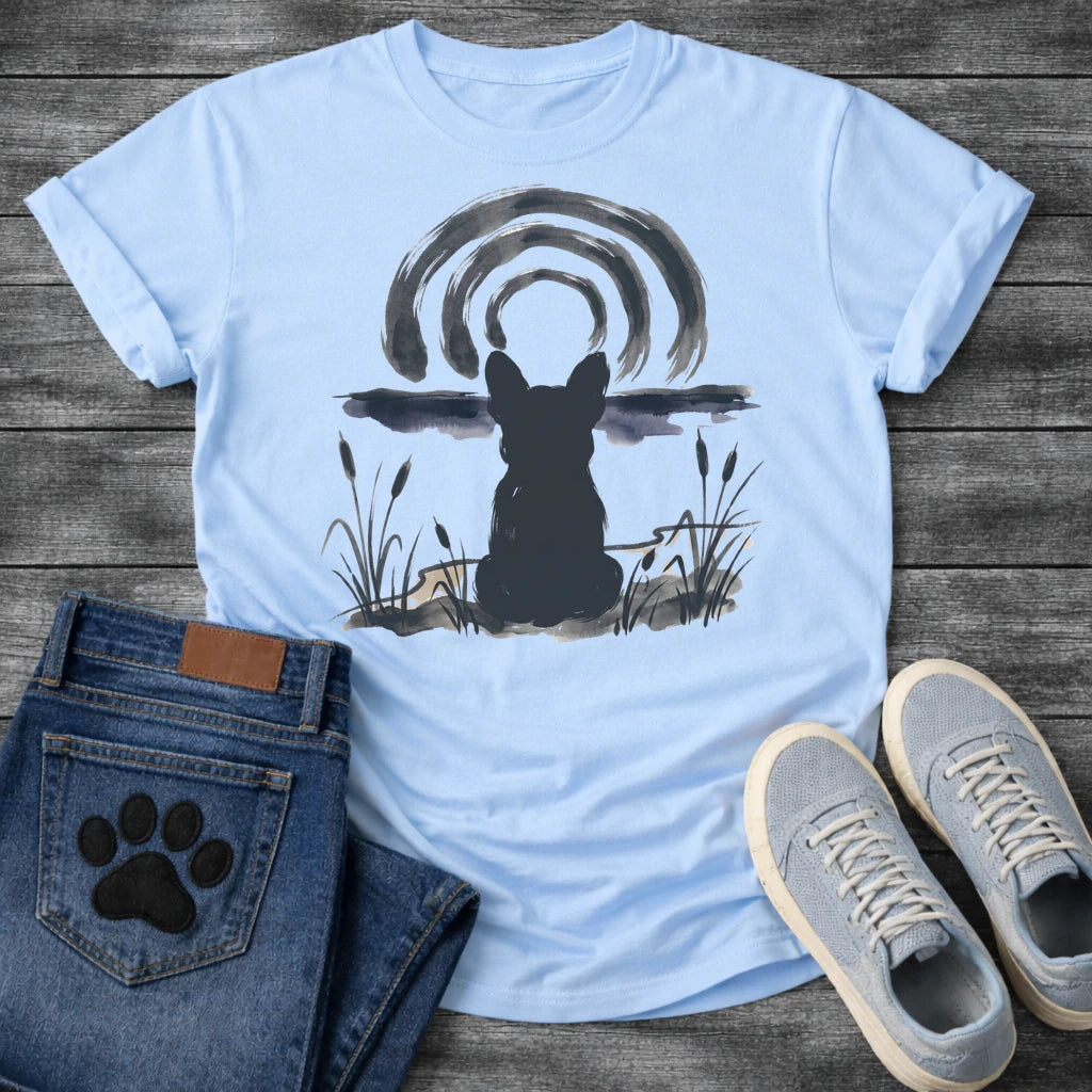 French Bulldog t-shirt with Frenchie silhouette seen from behind in ink wash style, sitting in brushstroke cattails and grass, dark watercolor horizon band, loose concentric ink arch above, single dark ink tone, no text sumi-e art graphic
