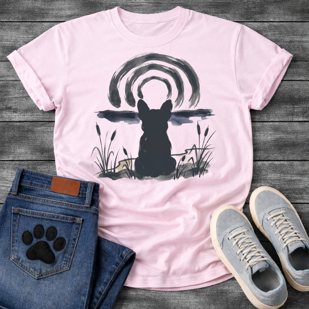 French Bulldog t-shirt with Frenchie silhouette seen from behind in ink wash style, sitting in brushstroke cattails and grass, dark watercolor horizon band, loose concentric ink arch above, single dark ink tone, no text sumi-e art graphic
