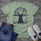 French Bulldog t-shirt with Frenchie silhouette seen from behind in ink wash style, sitting in brushstroke cattails and grass, dark watercolor horizon band, loose concentric ink arch above, single dark ink tone, no text sumi-e art graphic
