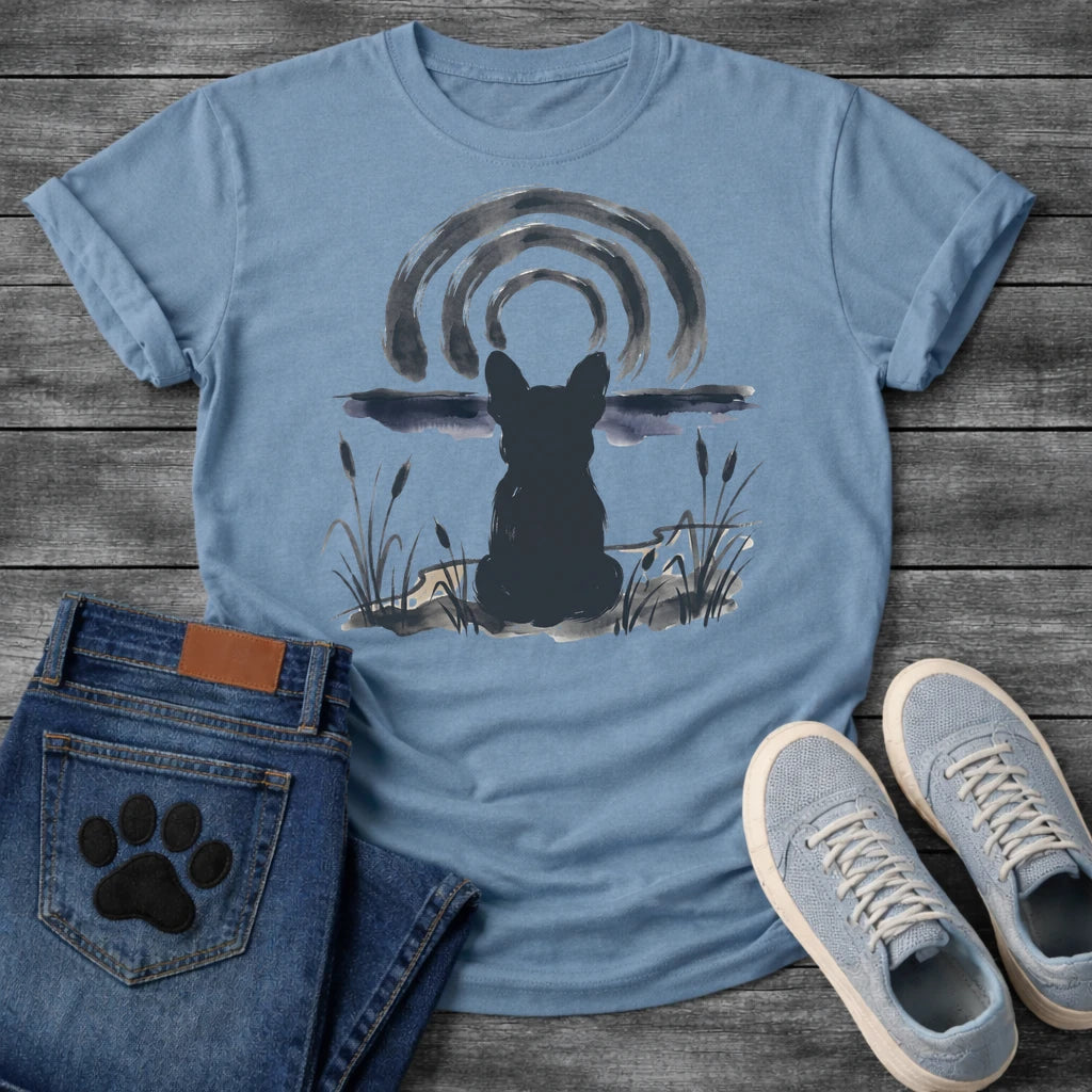 French Bulldog t-shirt with Frenchie silhouette seen from behind in ink wash style, sitting in brushstroke cattails and grass, dark watercolor horizon band, loose concentric ink arch above, single dark ink tone, no text sumi-e art graphic
