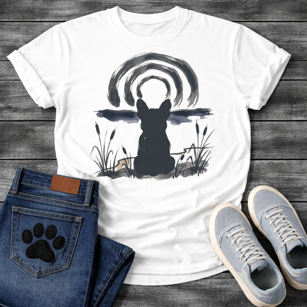 French Bulldog t-shirt with Frenchie silhouette seen from behind in ink wash style, sitting in brushstroke cattails and grass, dark watercolor horizon band, loose concentric ink arch above, single dark ink tone, no text sumi-e art graphic
