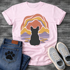 French Bulldog t-shirt with Frenchie silhouette seen from behind centered in a layered organic landscape of terracotta gold and soft purple flowing forms, color rippling in a water reflection below, no text warm painterly art graphic