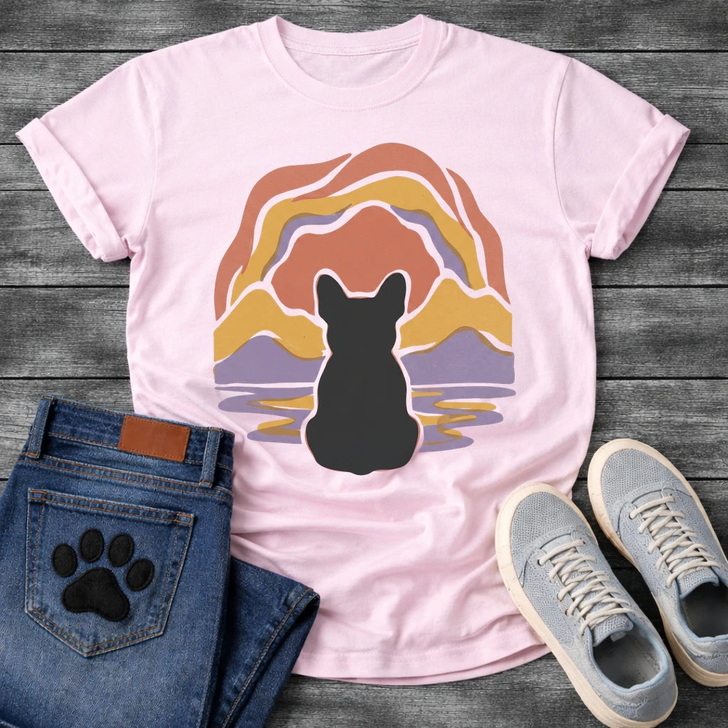 French Bulldog t-shirt with Frenchie silhouette seen from behind centered in a layered organic landscape of terracotta gold and soft purple flowing forms, color rippling in a water reflection below, no text warm painterly art graphic