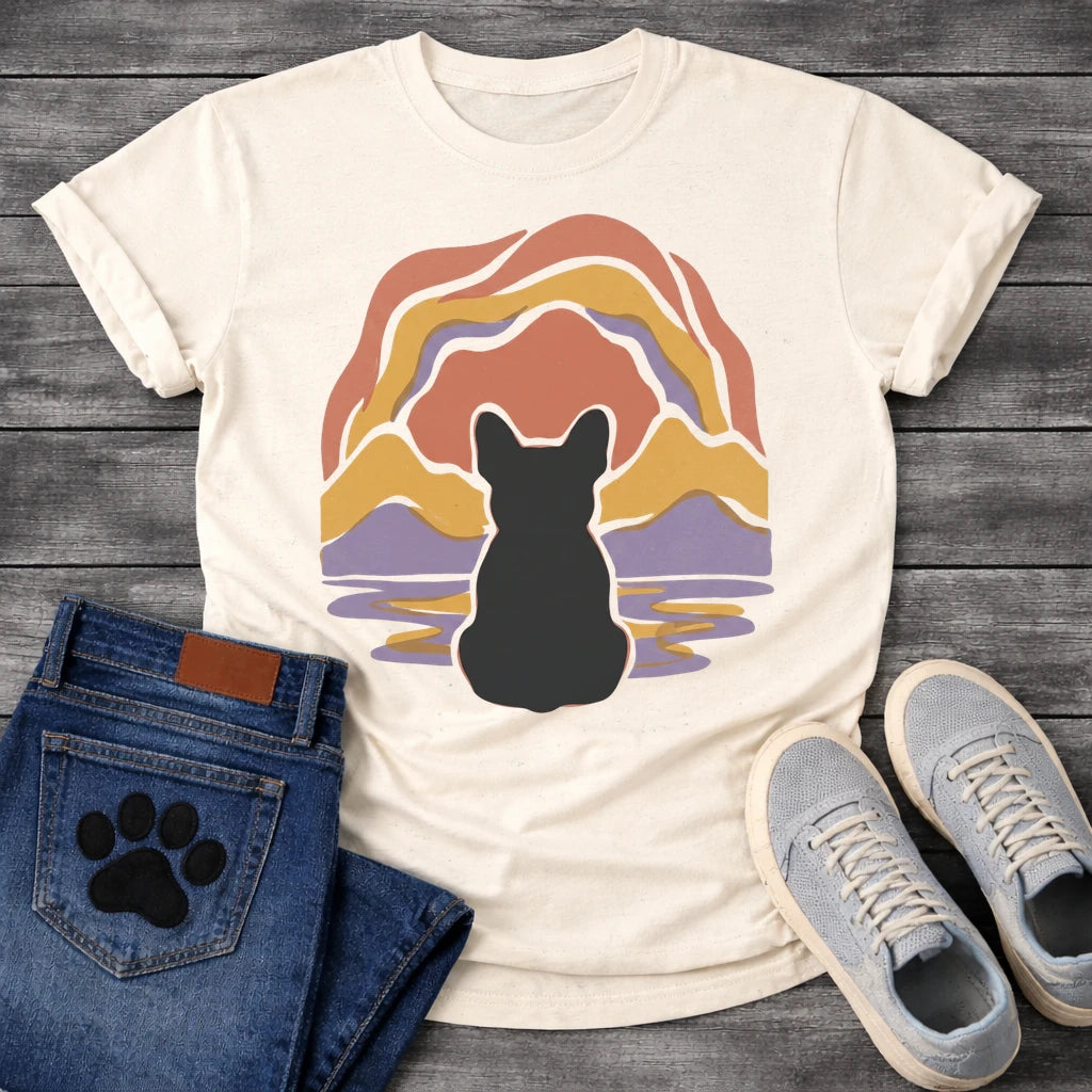 French Bulldog t-shirt with Frenchie silhouette seen from behind centered in a layered organic landscape of terracotta gold and soft purple flowing forms, color rippling in a water reflection below, no text warm painterly art graphic