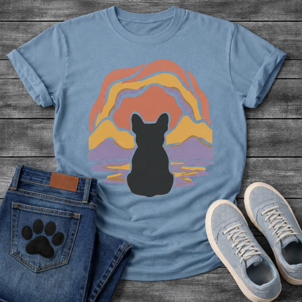 French Bulldog t-shirt with Frenchie silhouette seen from behind centered in a layered organic landscape of terracotta gold and soft purple flowing forms, color rippling in a water reflection below, no text warm painterly art graphic