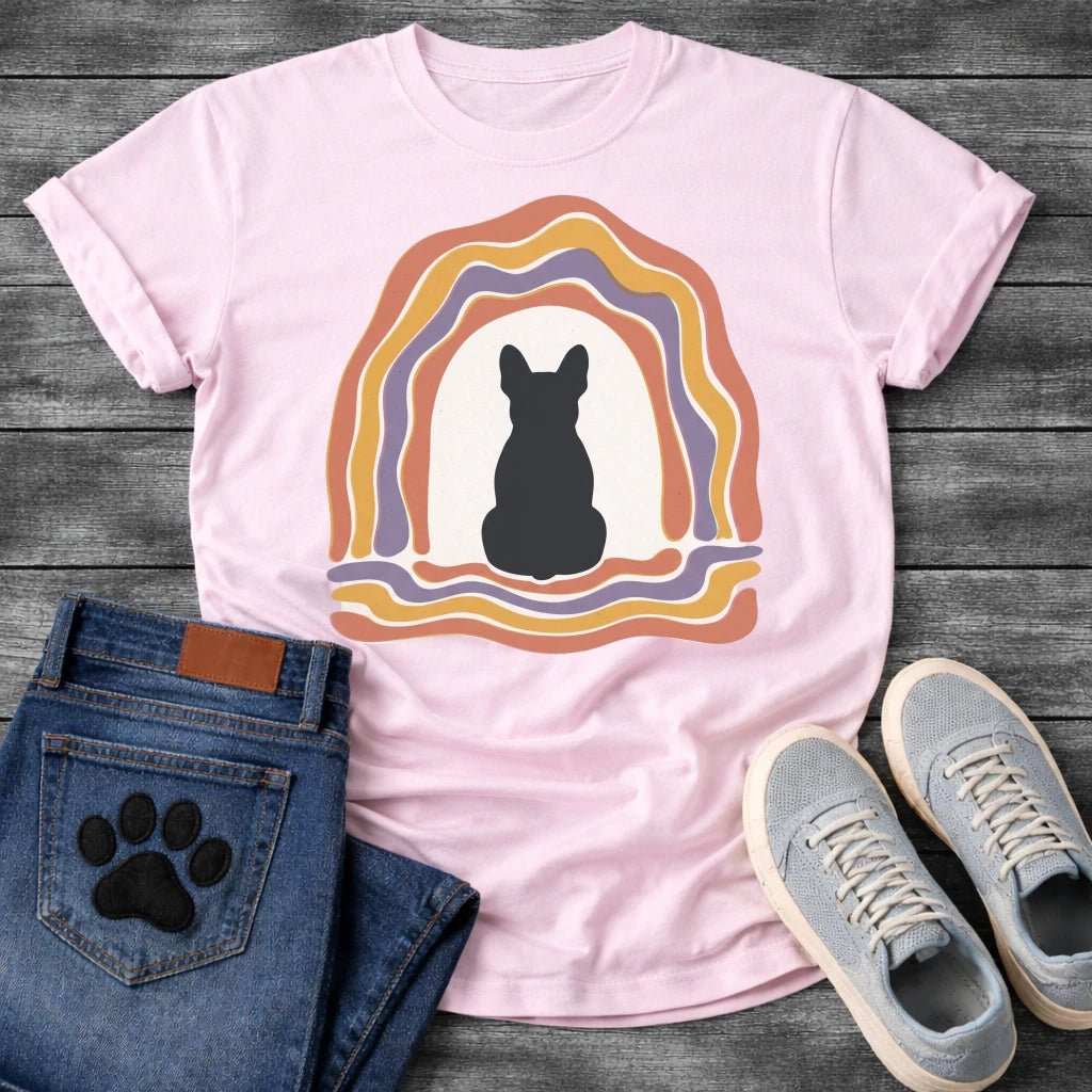 French Bulldog t-shirt with Frenchie silhouette seen from behind centered in a cream open space, surrounded by layered organic concentric arch in terracotta gold and soft purple, wavy lines trailing below, no text soft boho art graphic
