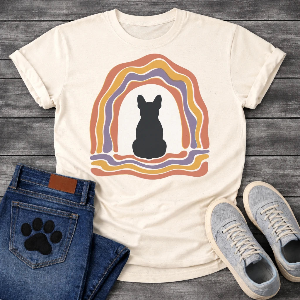French Bulldog t-shirt with Frenchie silhouette seen from behind centered in a cream open space, surrounded by layered organic concentric arch in terracotta gold and soft purple, wavy lines trailing below, no text soft boho art graphic
