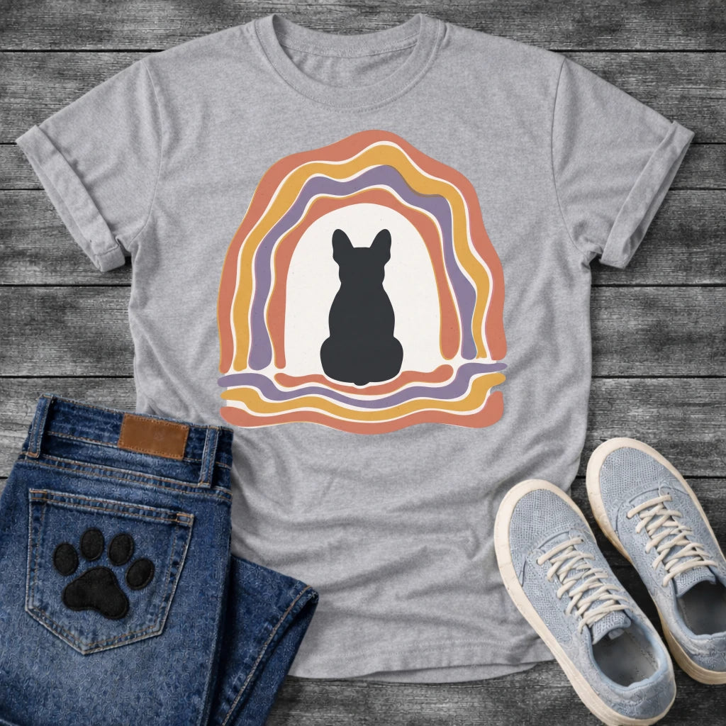French Bulldog t-shirt with Frenchie silhouette seen from behind centered in a cream open space, surrounded by layered organic concentric arch in terracotta gold and soft purple, wavy lines trailing below, no text soft boho art graphic
